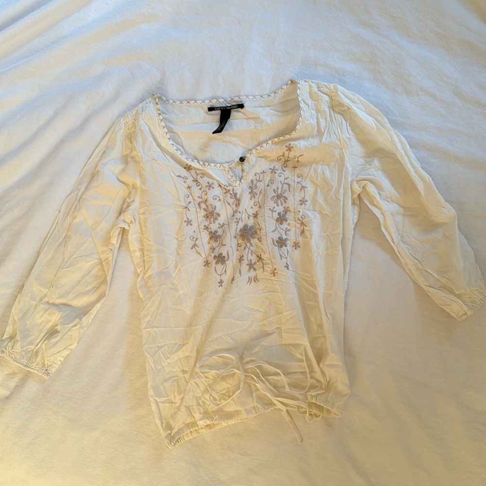 Lucky Brand Cinched Waist Embroidered Top